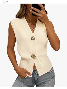 V-Neck Cream Sleeveless Knit Sweater  Vest with Gold Button Detail